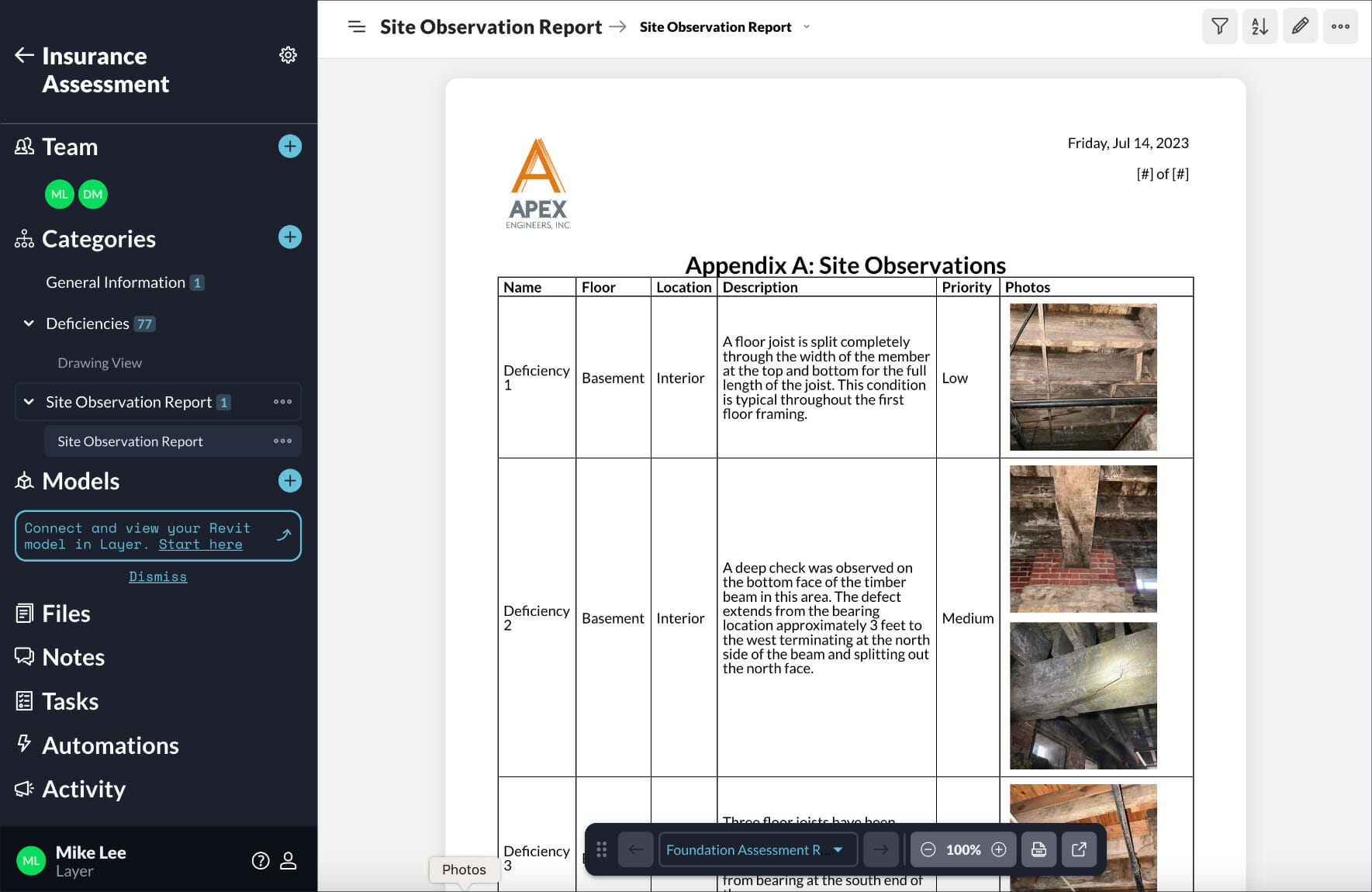 Document view with site observation report formatted instantly