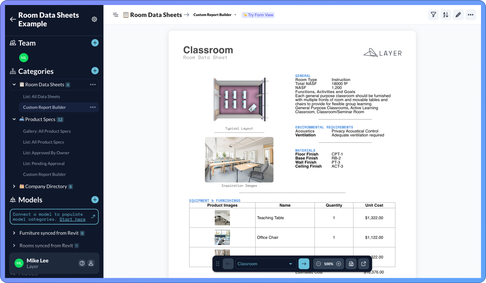 Room Data Sheets Document View